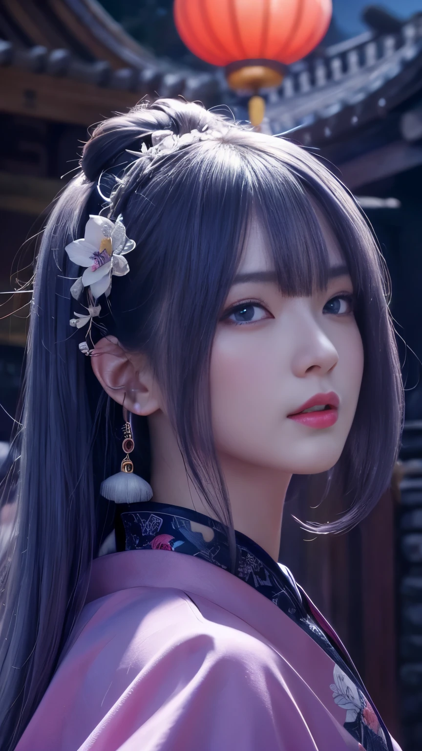 masterpiece, high quality、high resolution、High resolution、wonderful, (CG illustration、8k )、night, Outdoor, ancient China, ((2 women)), Mature Woman, Blue and white hair color, Gray blue eyes, Pale pink lips, Indifference, 真swordさ, bangs,Surreal Onmyoji、 assassin, sword, Facial details, Facial details、purple、red、Upper Body、、sexy、Alluring、Bold、Hyper Effect Effect、Dynamic action scenes、Fly around、Heian period、(((Ultra-Realistic Details)))、Portrait、Sharp、CGSoation Trend
