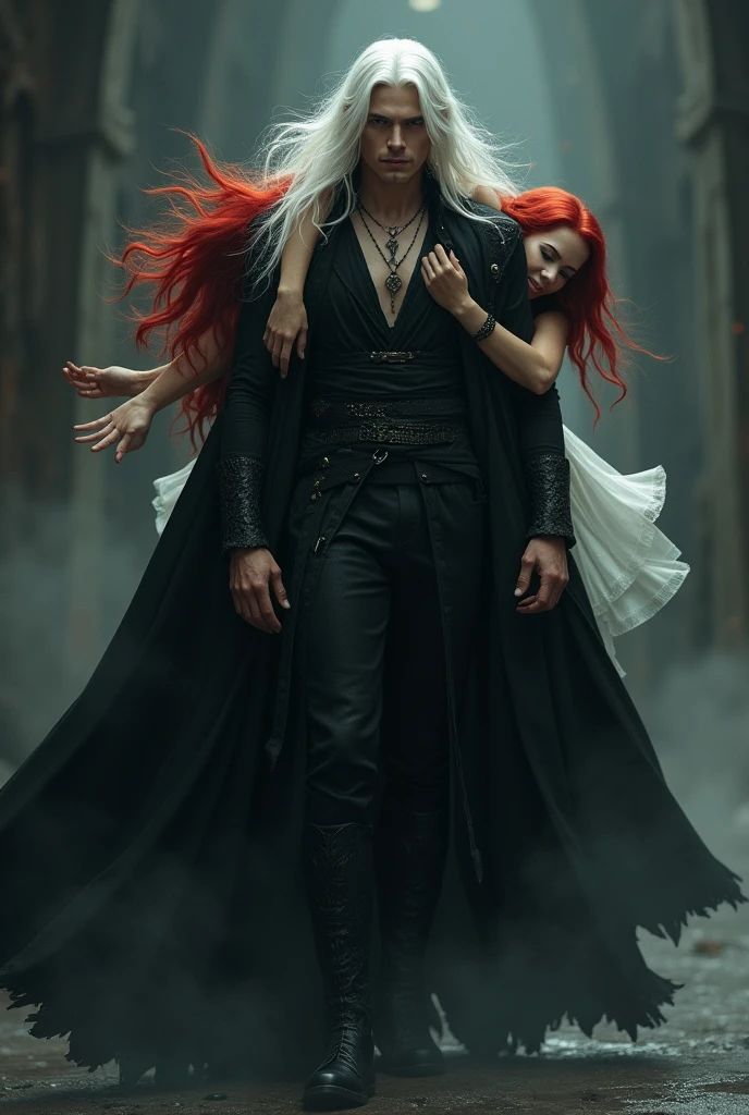 Scary Vampire Queen girl 2 (and vampire King), Extremally erotic woman (topless), long silver/black hair, She stands on the ruins above thousands of naked zombies and corpses groveling before her, ragged remains of classic clothing from the 18th century, generate vintage and very old image.