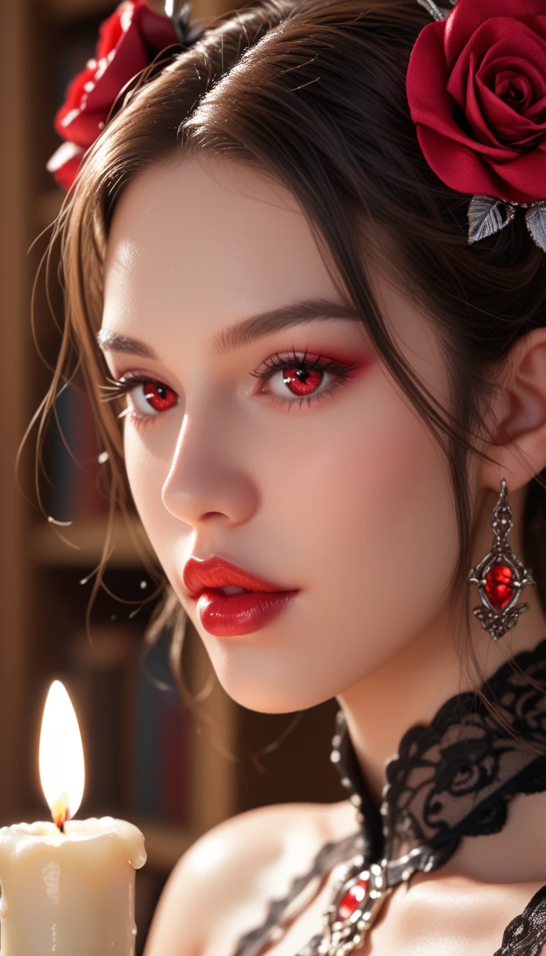 score_9, score_8_up, score_7_up, 1girl, solo, close-up, beautiful vampire lady holding a candle, intricate Gothic hairstyle, rose in hair, wistful expression, crumbling castle library, moonbeams illuminating dust, detailed eyes, detailed crimson lips.
