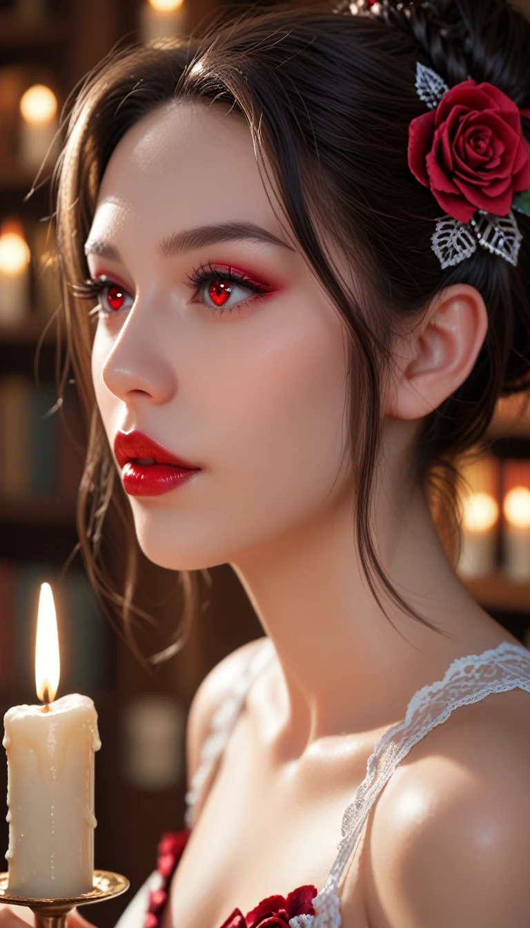 score_9, score_8_up, score_7_up, 1girl, solo, close-up, beautiful vampire lady holding a candle, intricate Gothic hairstyle, rose in hair, wistful expression, crumbling castle library, moonbeams illuminating dust, detailed eyes, detailed crimson lips.
