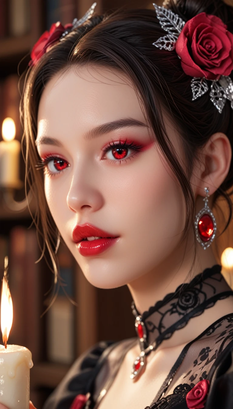 score_9, score_8_up, score_7_up, 1girl, solo, close-up, beautiful vampire lady holding a candle, intricate Gothic hairstyle, rose in hair, wistful expression, crumbling castle library, moonbeams illuminating dust, detailed eyes, detailed crimson lips.
