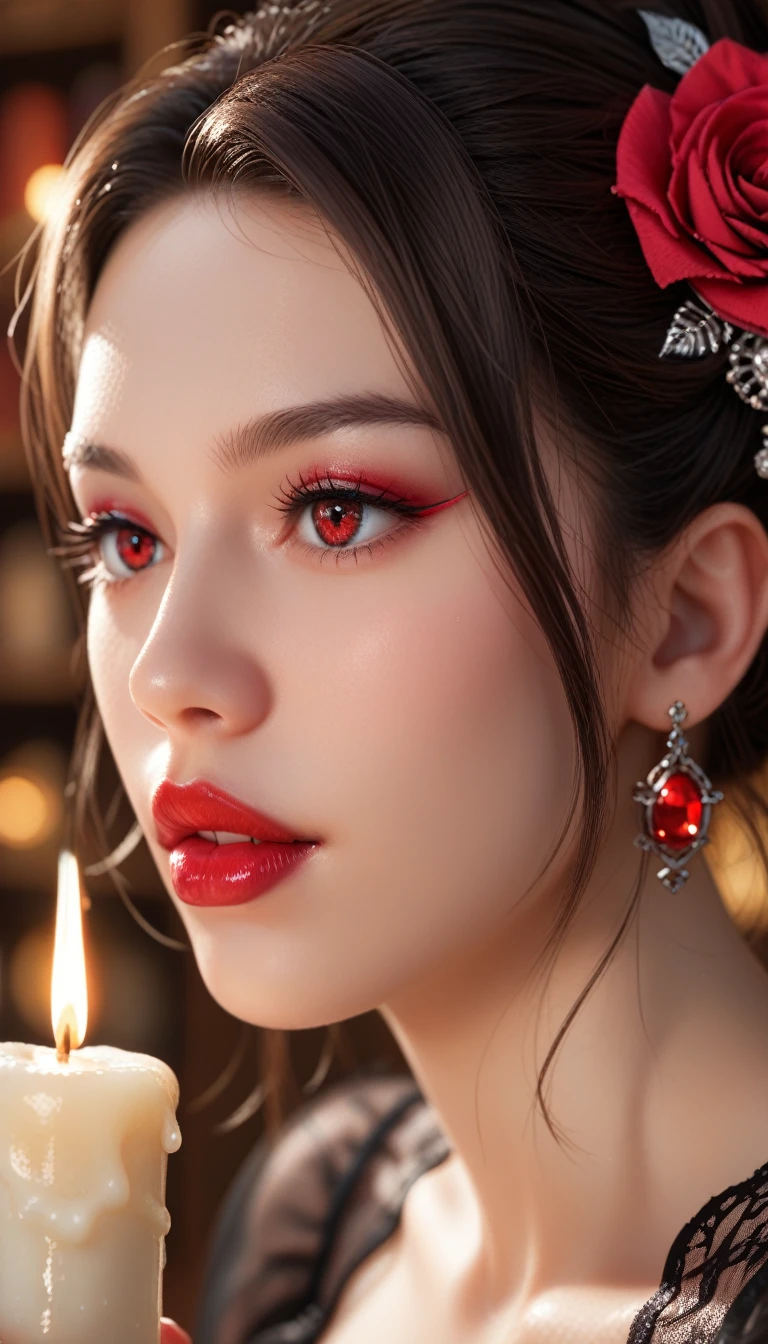 score_9, score_8_up, score_7_up, 1girl, solo, close-up, beautiful vampire lady holding a candle, intricate Gothic hairstyle, rose in hair, wistful expression, crumbling castle library, moonbeams illuminating dust, detailed eyes, detailed crimson lips.
