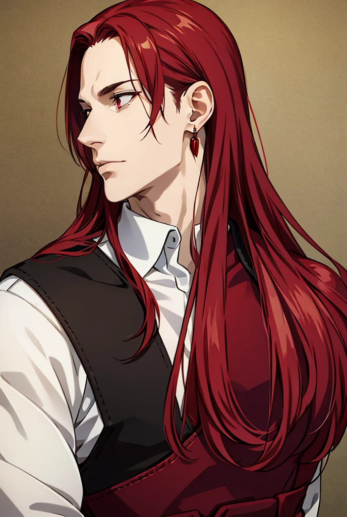 High Resolution, High Resolution, Long Hair, Red Eyes, Earrings, mature male, 1male, solo, dark red hair, fantasy, fantasy clothes, muscles, tonned, pale skin