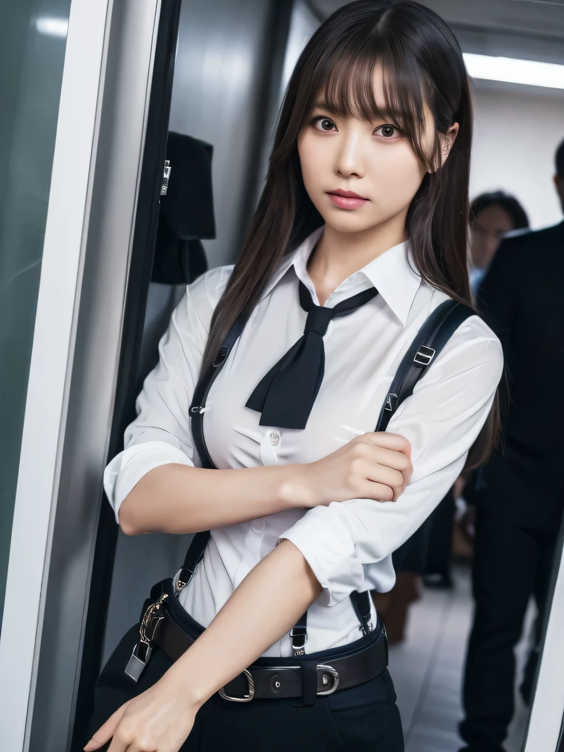 Five female bank employees are taken hostage after being attacked by robbers、All of them have their hands tied behind their backs with rope、Are standing、Back view、Wearing a bank uniform、Age 25、Beauty、Well-formed face、Medium build、Small Bust、Anatomically correct body、, light brown hair, straight hair, swept bangs, Surrealism, cinematic lighting, tachi-e, Nikon, Wide-Angle, UHD, anatomically correct, textured skin, best quality, highres, 8k, anatomically correct