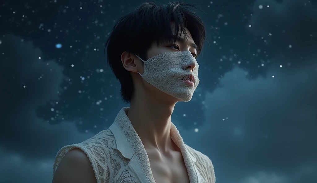 r in white shirt sitting in water blindfolded, portraitures, Handsome Japanese boy，portrait of a slender elven man, An amazing young ethereal character, so handsome, so handsome, so charming and holy, hot face, top handsome guy，best qualtiy，tmasterpiece，超高分辨率，Starry eyes，The black hair has a dark blue glow