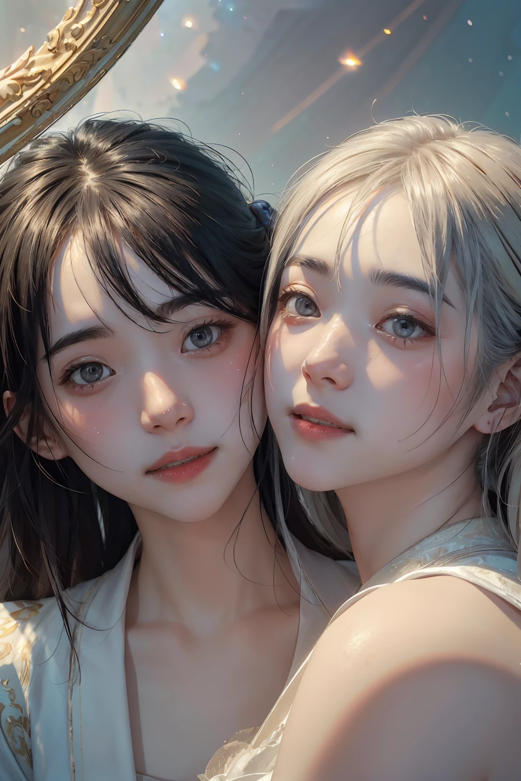 nsfw, masterpiece, best quality, ultra detailed, ((3 mature beautiful lesbian women, caress each other)), A shy look, smile at the camera, Bare skin glistening with sweat, bra and panties, in the forest, close-up to face, Portrait,