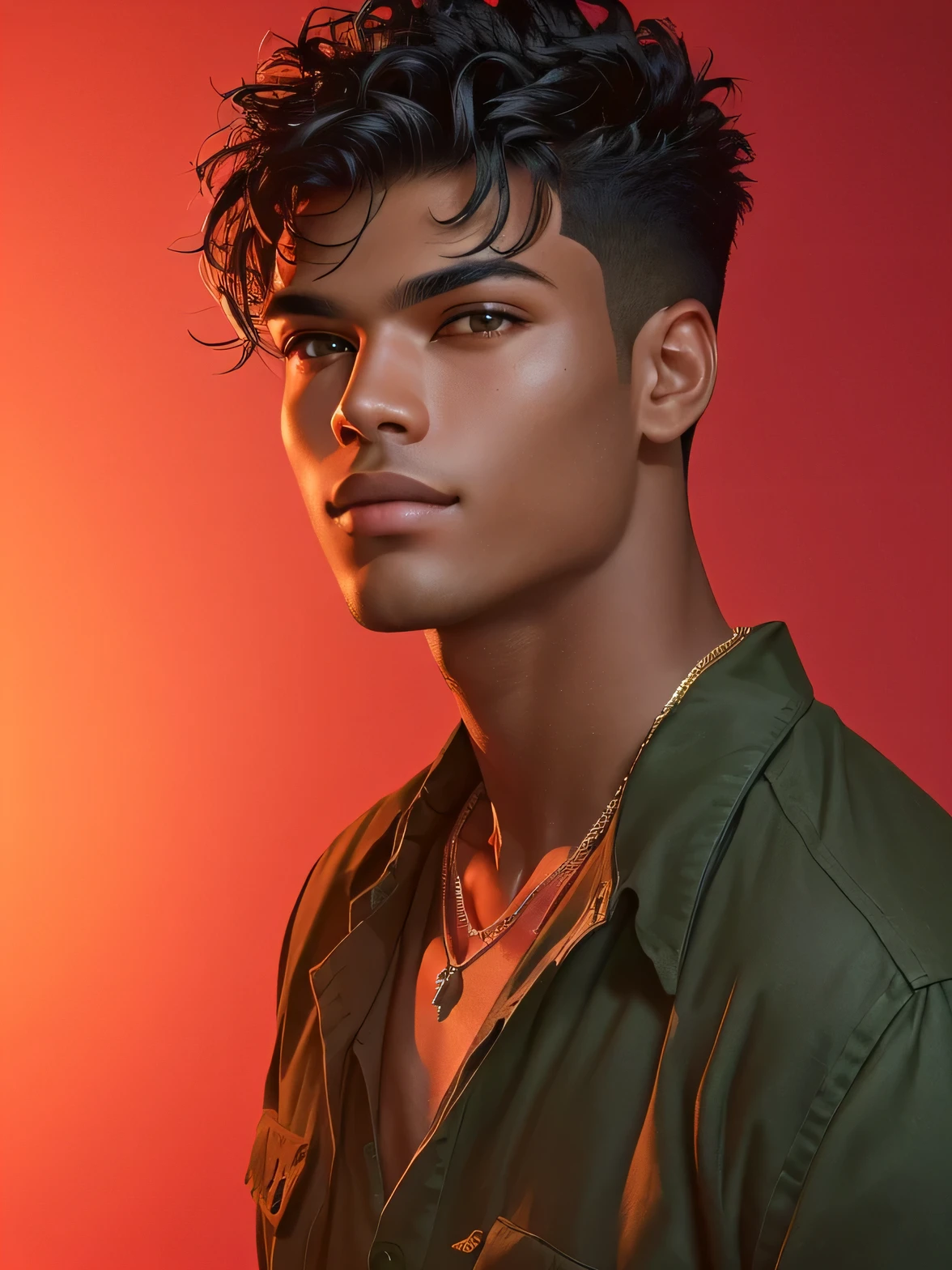 Black graduation hair tousled with high fade sides, wearing an olive green shirt, light material, open at the chest revealing a black diamond necklace, tropical Latin skin, posing in side profile, looking towards the light source. The background is a vibrant red with dramatic lighting from the left creating soft shadows and warm highlights, contributing to a bold and intense atmosphere. The photo uses a shallow depth of field and a close-up angle, with well-balanced exposure.