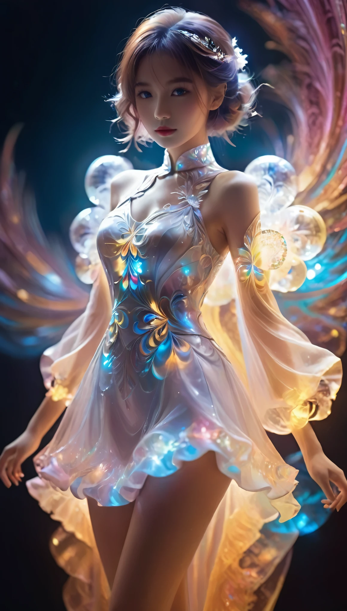 A mysterious beautiful girl wearing a colorful, sparkling dress