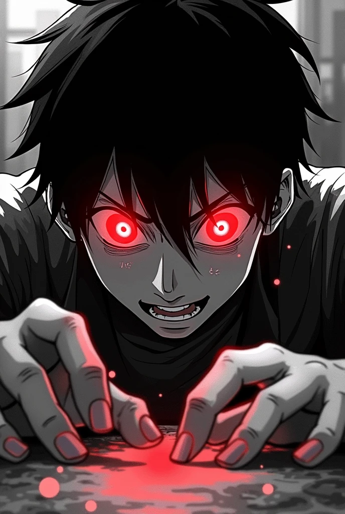 Anime boy with anger on his face, with tears of blood in his eyes, with red eyes and a macabre laugh pointing at the screen, with an apocalyptic atmosphere