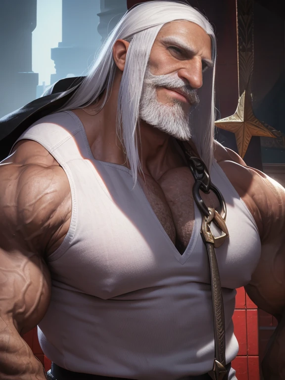 Old man, JP, An award-winning original photo, ( brown skin color), long white hair, full white beard, very detailed nose,  A wild muscular old man, large manly nose, (80 years old daddy:1.1), colossal sized nose, 1boy, Solo, (tanktop), massive nose, (big shoulders), giant nose, old man with too big a nose, musculature, stubbles, dark skin, long white hair, thick white beard, Detailed face, (evil smile), big nose, blue eyes, veins,  wrinkles, big old man nose, nose with pronounced bridge and outward curve that protrudes from the base of the nose, dark olive skin color, long nose, thin nose, brown skin, veins, absurdly huge nose, hawk nose, convex nose, well groomed moustache, (flexing his biceps), huge nose, Dynamic Angle, volumetric lighting, big pronounced nose, chiseled jawline, (Best quality, A high resolution, cartoony big nose, Photorealistic), Cinematic lighting, arched nose, larger than life nose, Masterpiece, RAW photo, Intricate details, hdr, upper body shot