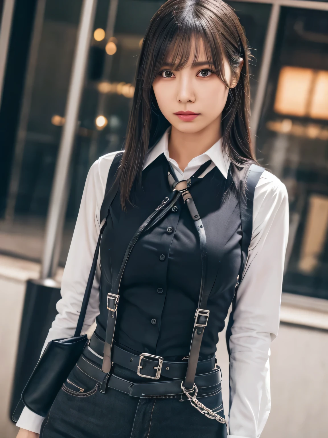 a woman in a suit, belt, hands behind back, sweating, suspenders, black pants, sexly, large breasts, see-through clothing, rain, detective, office worker, white button-up shirt, (best quality,4K,8k,highres,masterpiece:1.2),ultra-detailed,(realistic,photorealistic,photo-realistic:1.37),hyper-detailed,highly detailed face and body, Slender　thin　suspenders　Moderate breasts　See-through shirt　Nipples　holster　chain　Pistol　Armament　criminal　Female criminal　knife　japanese　profile　Japanese women　arrested handcuff　belt
