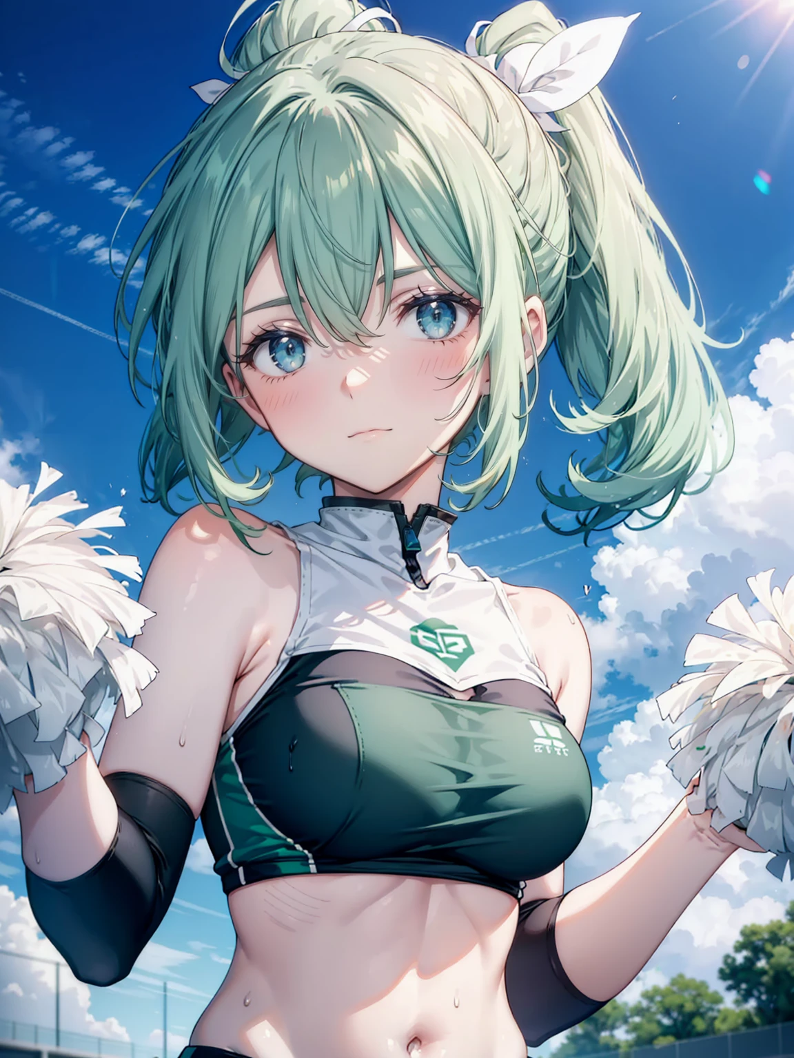 beautiful, masterpiece, Highest quality, anime, One girl, C Cup,Portrait Shot, View your viewers, Intricate details,>,((Covered、Short Hair、nearby、Blue Eyes、art、、White hair,Blue streaked hair、wallpaper、、hairpin、smile、Race Queen、Thigh、Knee-high boots、blue sky、smile、Bright atmosphere、Underskirt、grass、Armpit、Thigh_Sweat、navel、ArmpitSweat、