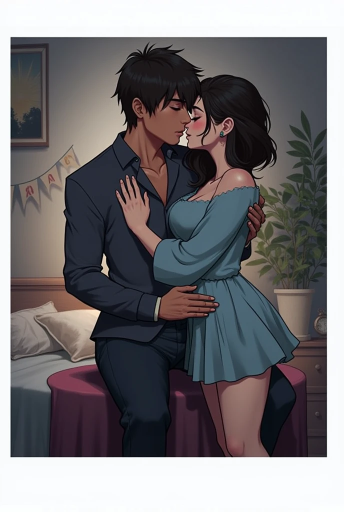 Shirtless boy kissing and making out passionately with a sexy woman with long straight black hair wearing sheer maroon kurta with black embroidery