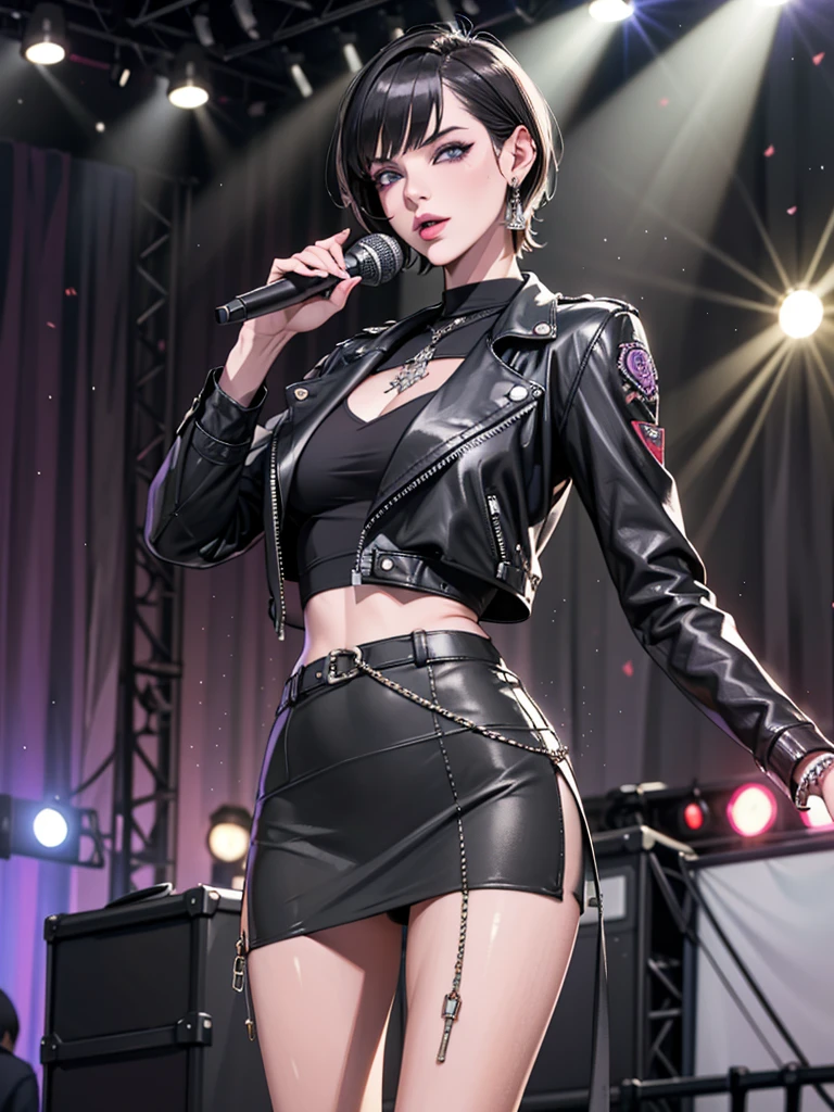 1，Black short hair，Photorealism，detailed，masterpiece， (Lean), Young Girls，Short leather skirt、Dark leather jacket，1，aldult, (Punk Girl)，Earrings、Lip Studs，Dark eyeshadow，high quality，Playing purple bass，band playing，microphone，High resolution 4K information,stage，Cold，Gorgeous lighting，Look at the lens，Black pupil