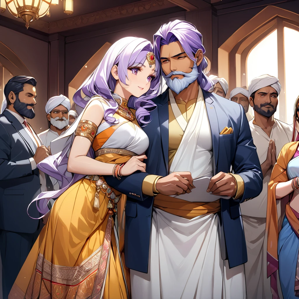 ((Highest quality)), ((masterpiece)), (detailed), （Perfect Face）、The woman has light purple hair in Extia Magica、The woman is wearing the traditional Indian dress, a sari.、The woman is getting married to a middle-aged Indian man with a beard.