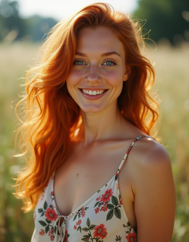 Pretty ginger woman. Standing by a lake at sunset. gorgeous body. Smiling. Hair blowing in the wind. Large breasts. Summer dress. Posing seductively.