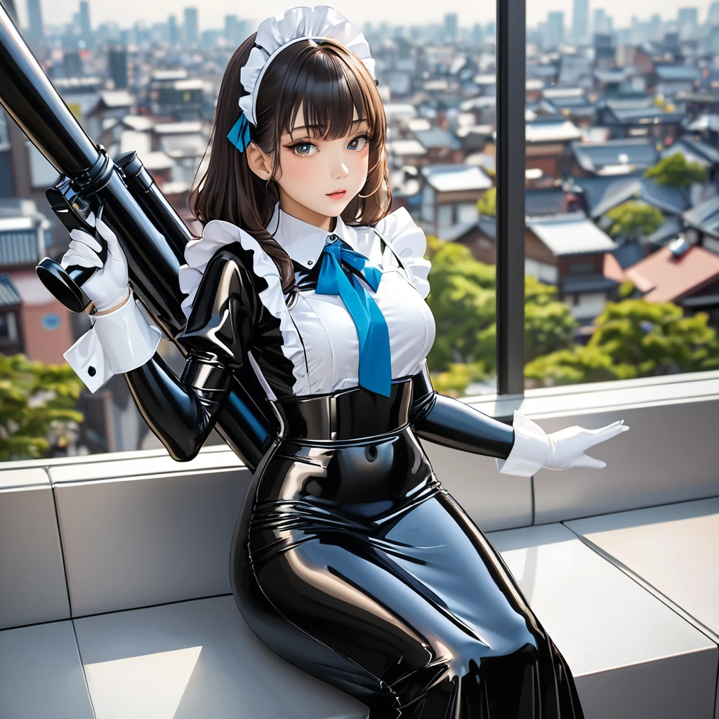 (maid clothes、White shirt、shortsleeves、Wall Street、Standing Pose、holding a katana).a miniskirt、tights、high-heels