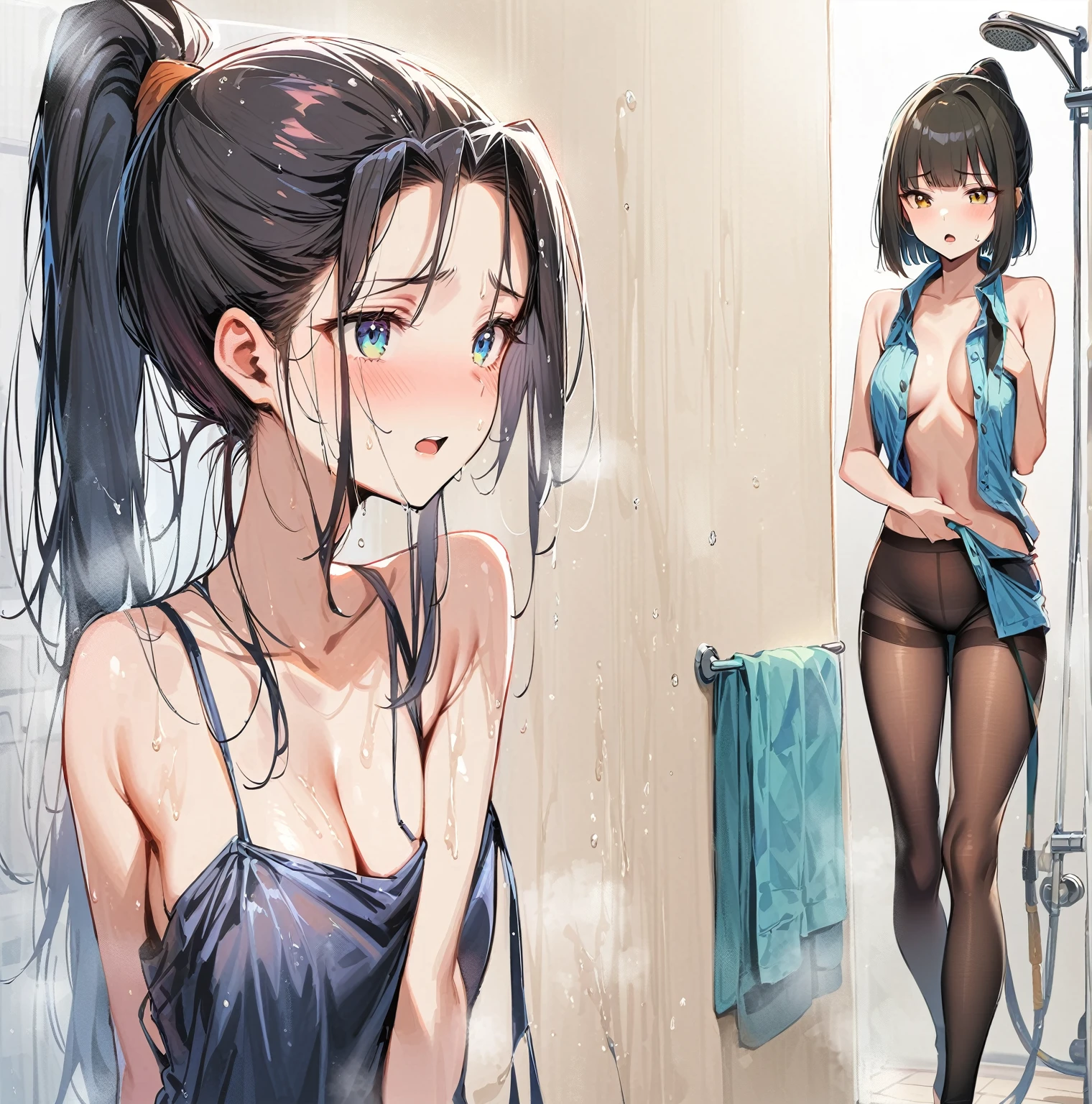 Top quality, masterpiece, high resolution, two beautiful girls, long black hair, forehead, brown hair shortcut, fluttering hair, preparation for a bath, composition from diagonally below, bath shop, dressing room, half-undressing, about to take off, no panty, no bra, sheer towel, big, no panties, areola,