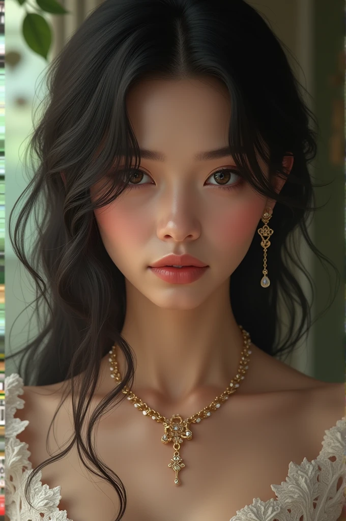 (green dress:1.2),1girl,hourglass body shape,waist up,beautiful detailed eyes,beautiful detailed lips,extremely detailed face,long eyelashes,detailed intricate dress,natural lighting,vibrant colors,soft focus,photorealistic,8k,extremely detailed,masterpiece