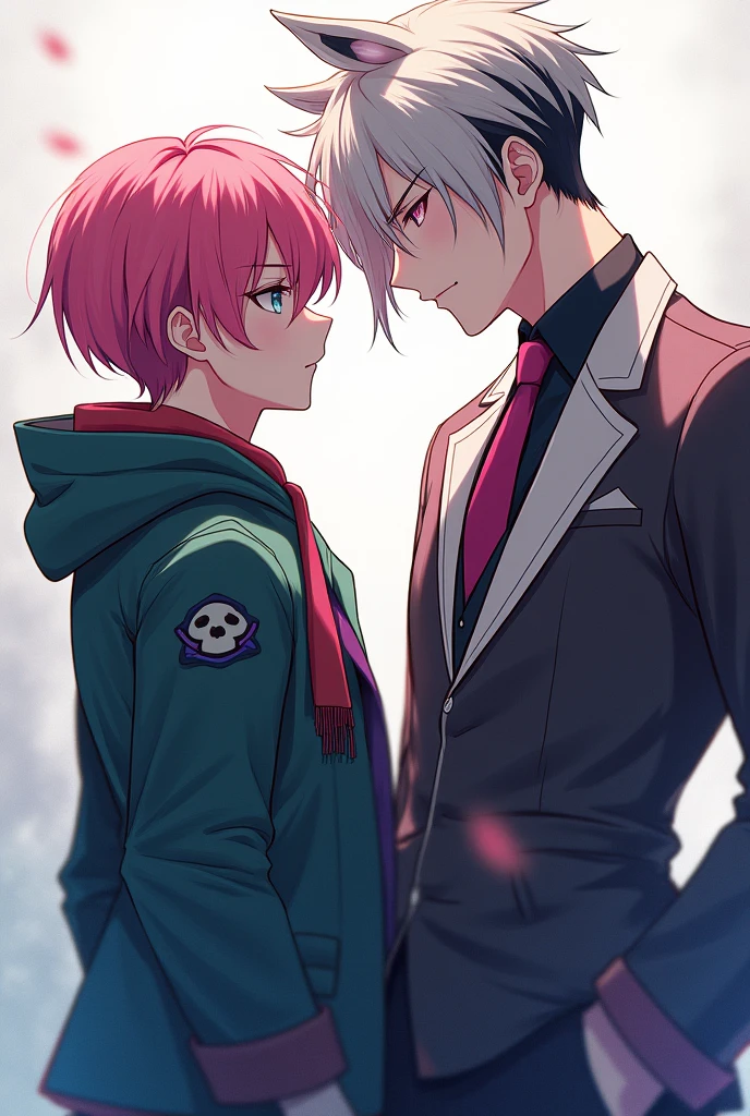 Create an anime image of two 19 year old boys, one wearing a black suit and a purple tie,His hair is purple with 2 purple horns!The other boy is wearing a dark gray sweatshirt and dark brown overalls,His hair is gray and he wears a dark green cap, they are kissing