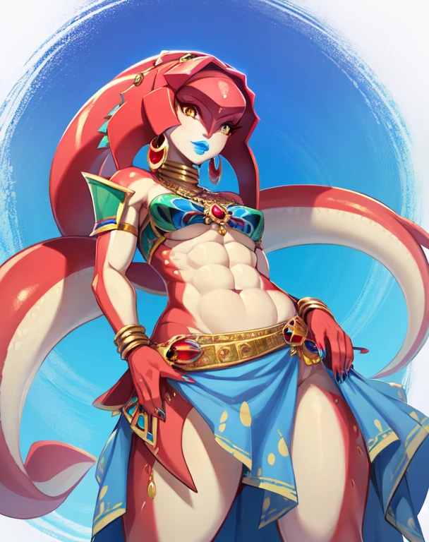 mipha blue lipstick, yellow  eyes, zora, , flaky skin, Nail polish, no hair, earrings on fins, penis muscular, curvy, crop top, Sarong, armlet, jewellery, forehead jewel, 1 girl, alone, upper body, looking down at viewer, (Viewers look at:1.5), In the center, tail