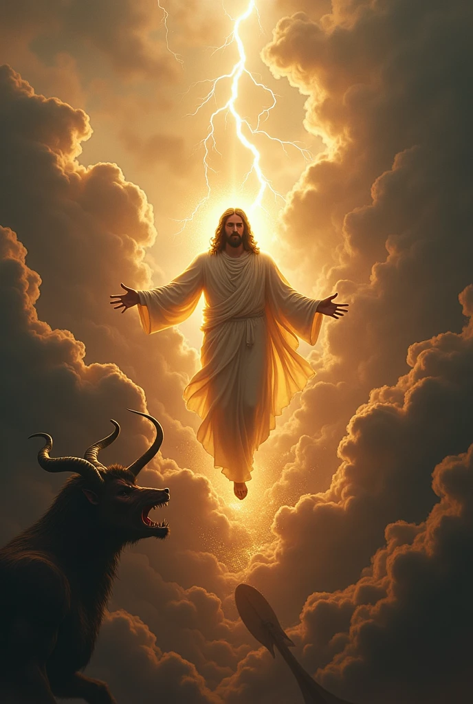 Jesus Christ bringing down the thunderbolt of justice on the violent male devil