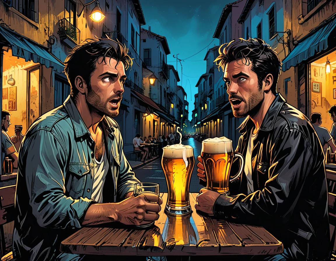 
two drunk men sit at a table on the street and drink beer from mugs, tropics, night, drunk and surprised, two men,graphic style of novel comics, perfect hands, 2d, 8k, hyperrealism, masterpiece, high resolution, best quality, ultra-detailed, super realistic, Hyperrealistic art, high-quality, ultra high res, highest detailed, lot of details, Extremely high-resolution details, incredibly lifelike, colourful, soft cinematic light,