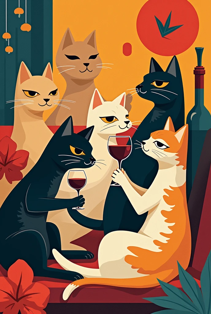 Flat vector illustration of a Group of black and white cats dancing and partying with glasses and bottles of wine on a wooden table and a moss green background