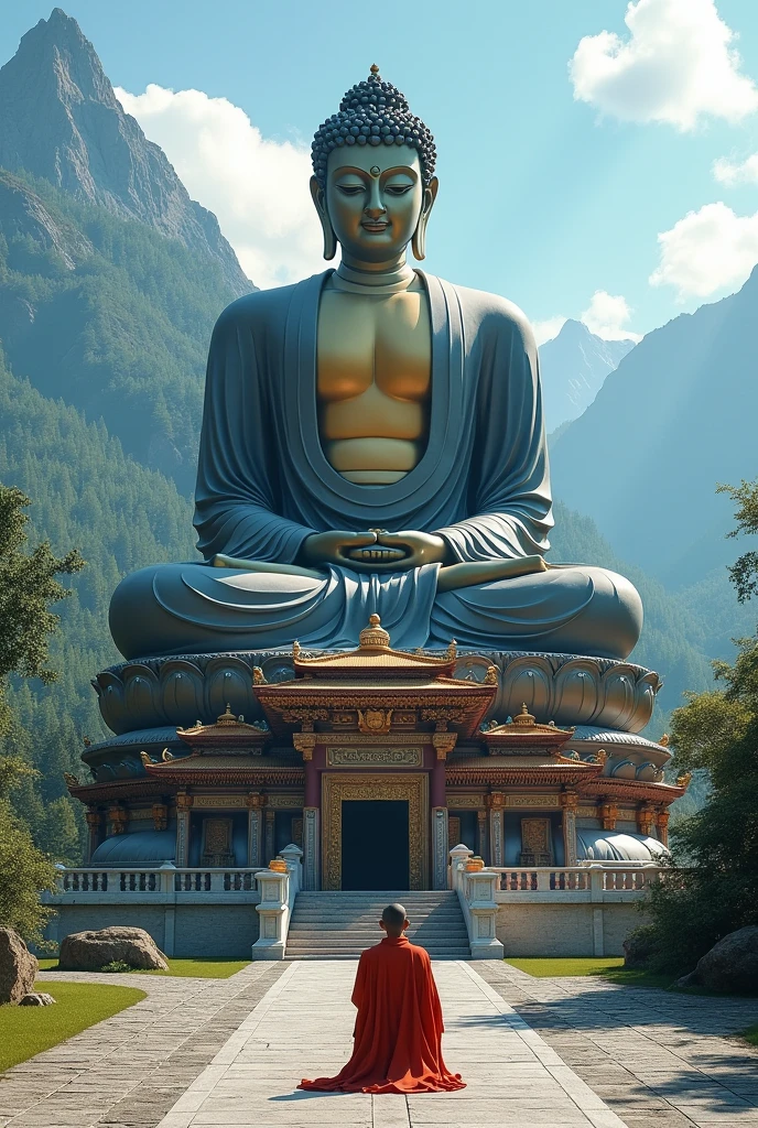 Super giant Buddha statue，Super Giant Buddha，Mysterious world，Super long staircase，huge waterfall，Ancient cities，myth，超A high resolution，Masterpiece，Ancient Civilizations，