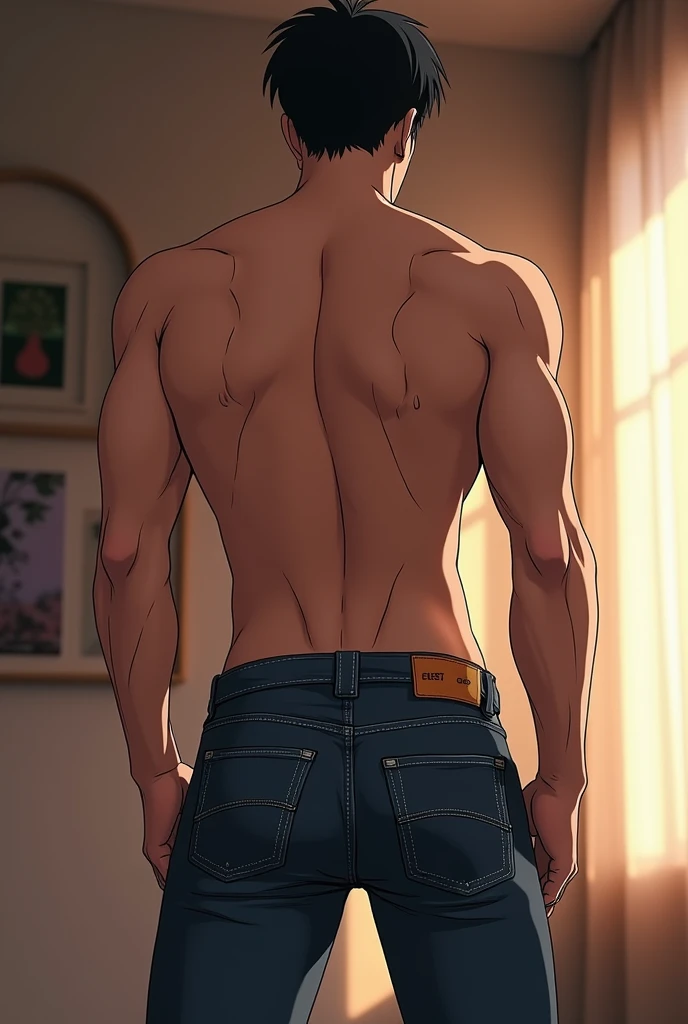 high quality , male focus , 1 chico , shirtless , looking in the mirror , showing the back , Fujimaru , pants , belt , room 