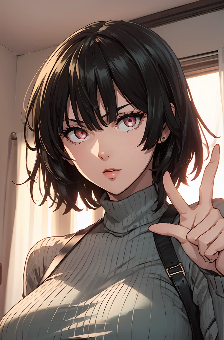 (best qualtiy,8K,32K,tmasterpiece,hyper HD:1.3),1个Giant Breast Girl,perfect bodies,Super detailed face,Bust photo,Large breasts,Black hair,Green clothes,upperbody closeup