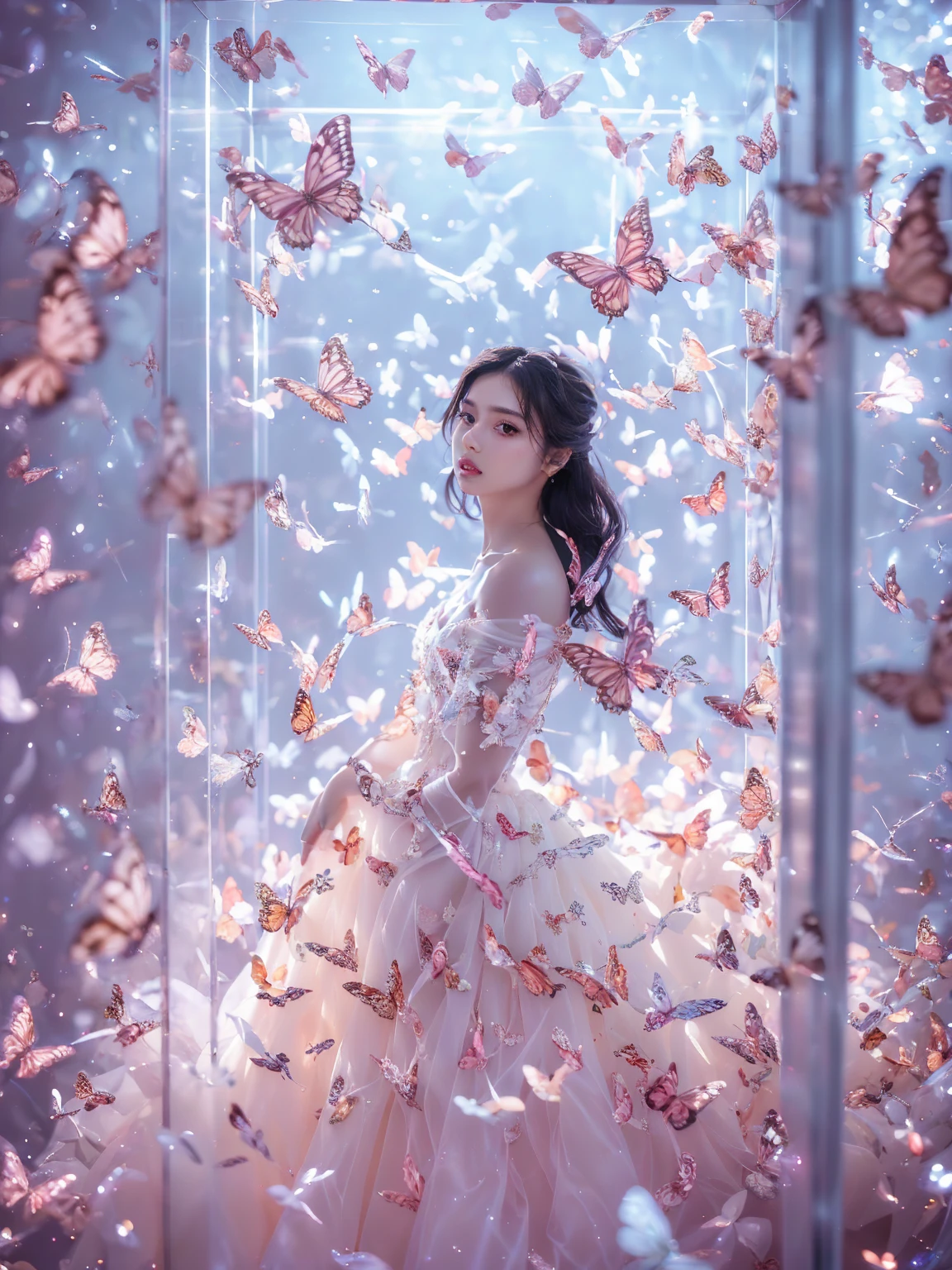 kinghere fensejiaren,1girl,butterfly,solo,dress,long hair,white butterfly,look at viewer,realistic,parted lips,white dress,lips,bare shoulders,(masterpiece:1,2),best quality,masterpiece,highres,original,extremely detailed wallpaper,perfect lighting,(extremely detailed CG:1.2,