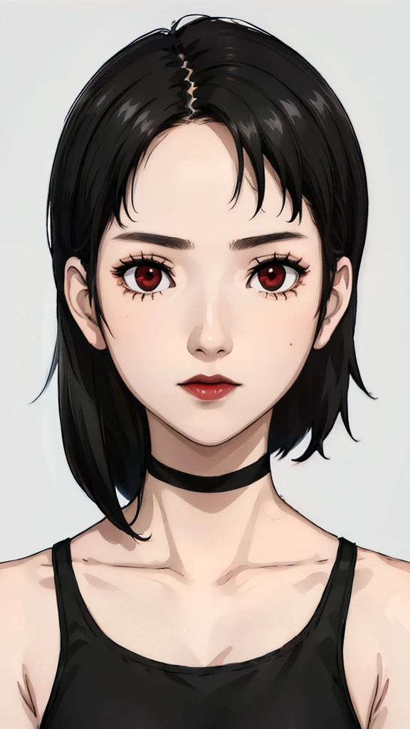 1 girl, very Short hair, black hair, red eyes, black lipstick, black choker, face portrait, tank top , front face, white background, front face, face portrait, front face portrait, front face helper