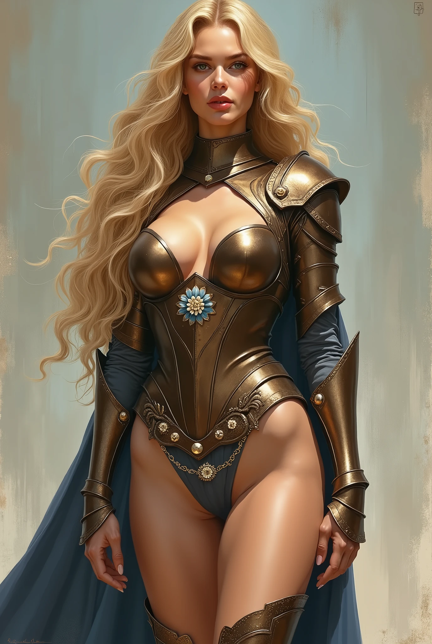 A beautiful sexy big breast woman in gold bra and panties armor