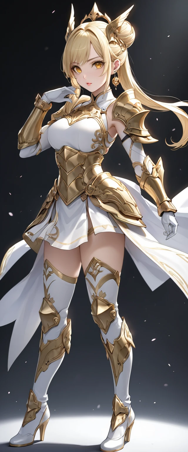 (Perfect Anatomy)、Mastepiece、Ultra High Quality、 8k、masterpiece、Highest quality、Ultra-high resolution、Maximum resolution、Very detailed、Professional Lighting、anime、woman、thin、so beautiful、Highly detailed eye、Highly detailed face、Golden earrings、Blonde, hair bun, Yellow Eyes、Detailed armor patterns、Mid-chest,  makeup, eyeliner, eye shadow, pink cheek, pink lips, goddess armor, white open mini skirt , full body, gold pattern, white super long boots, white long gloves, female martial artist, high heels, white clawed gauntlets, white cute headgear, gold knee armor, random pose