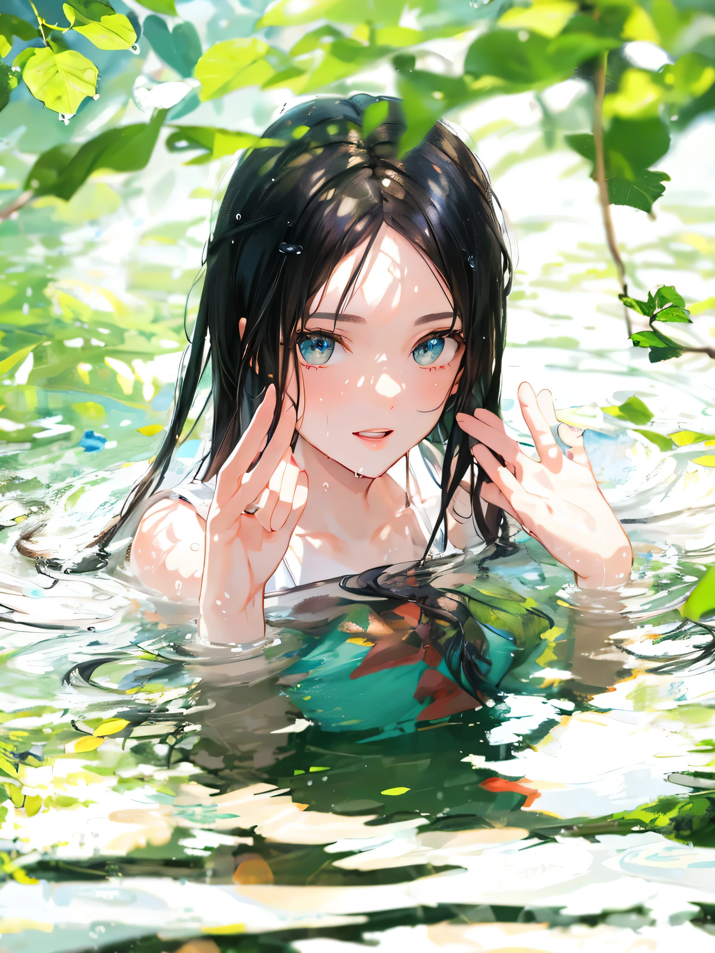 ((fullnude:1.4))、(teats:1.4)、(small tits:1.4)、(4 Models:1.4)、A dark-haired、red blush、(Swimming in water:1.4)、 girl、Slender woman、Sweating all over the body、full body Esbian、look at viewr, Master masterpiece、top-quality、The ultra -The high-definition、Top resolution、ighly detailed、Professional Lighting、CG Illustration、Thin、Very pretty girl