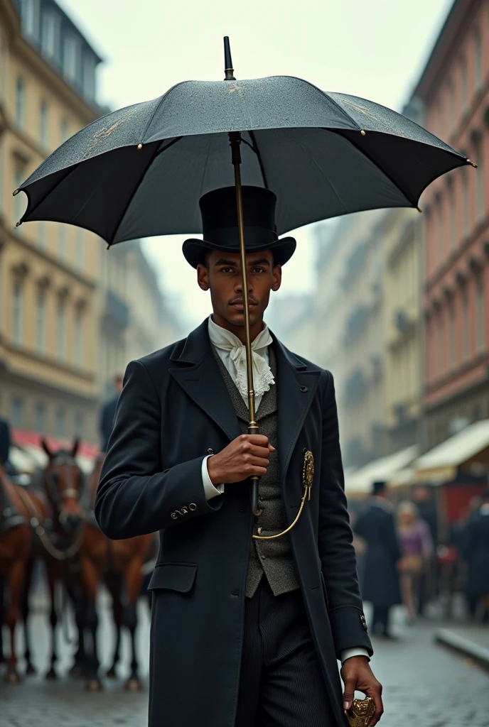 Charlie Chaplin wandering with an umbrella through the streets of a metropolis on a sunny day --auto --s2