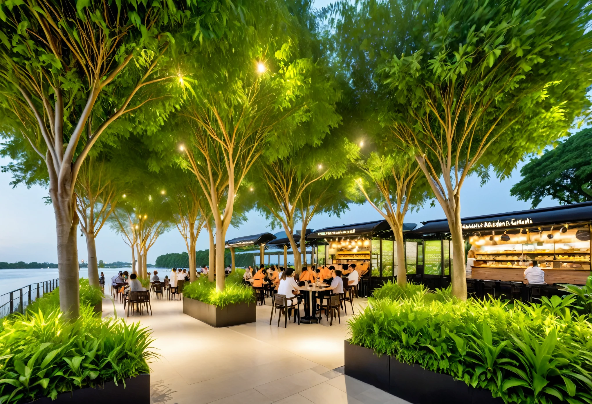 A night architectural photo from the outside of 'Street Food Sai Gon' a park area next to the HCMC river, a wide and airy walkway combined with an outdoor dining area, the back shows 1 t-storey kiosks with tropical structures combined with tropical greenery as the facade of the food kiosks with glowing LED signs, Tadao Ando, a large outdoor seating area with round tables, black stools with orange chairs and lush green plants in black pots along the walkway. Overlooking the Saigon river is a spacious outdoor cafe courtyard
