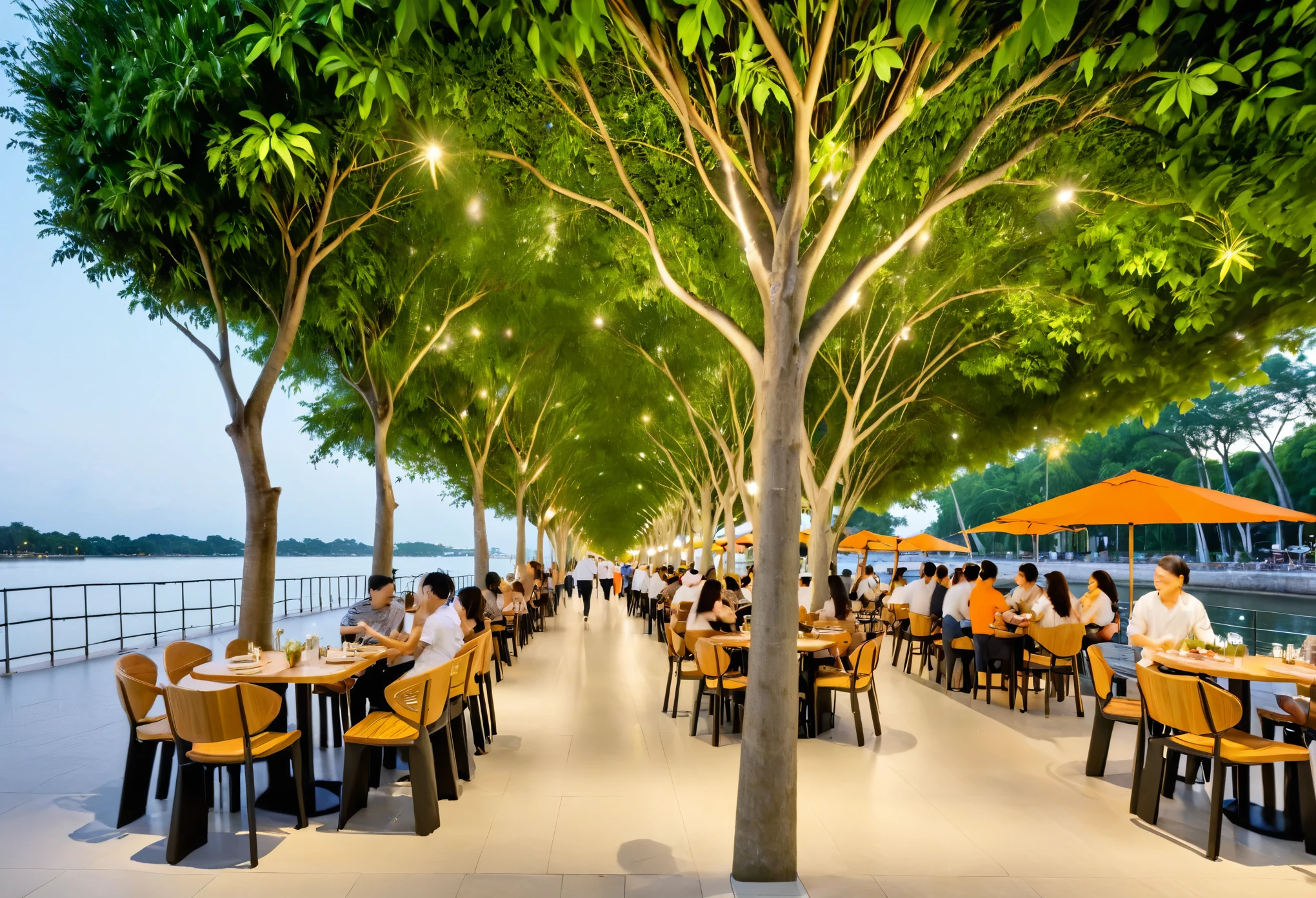 A night architectural photo from the outside of 'Street Food Sai Gon' a park area next to the HCMC river, a wide and airy walkway combined with an outdoor dining area, the back shows 1 t-storey kiosks with tropical structures combined with tropical greenery as the facade of the food kiosks with glowing LED signs, Tadao Ando, a large outdoor seating area with round tables, black stools with orange chairs and lush green plants in black pots along the walkway. Overlooking the Saigon river is a spacious outdoor cafe courtyard
