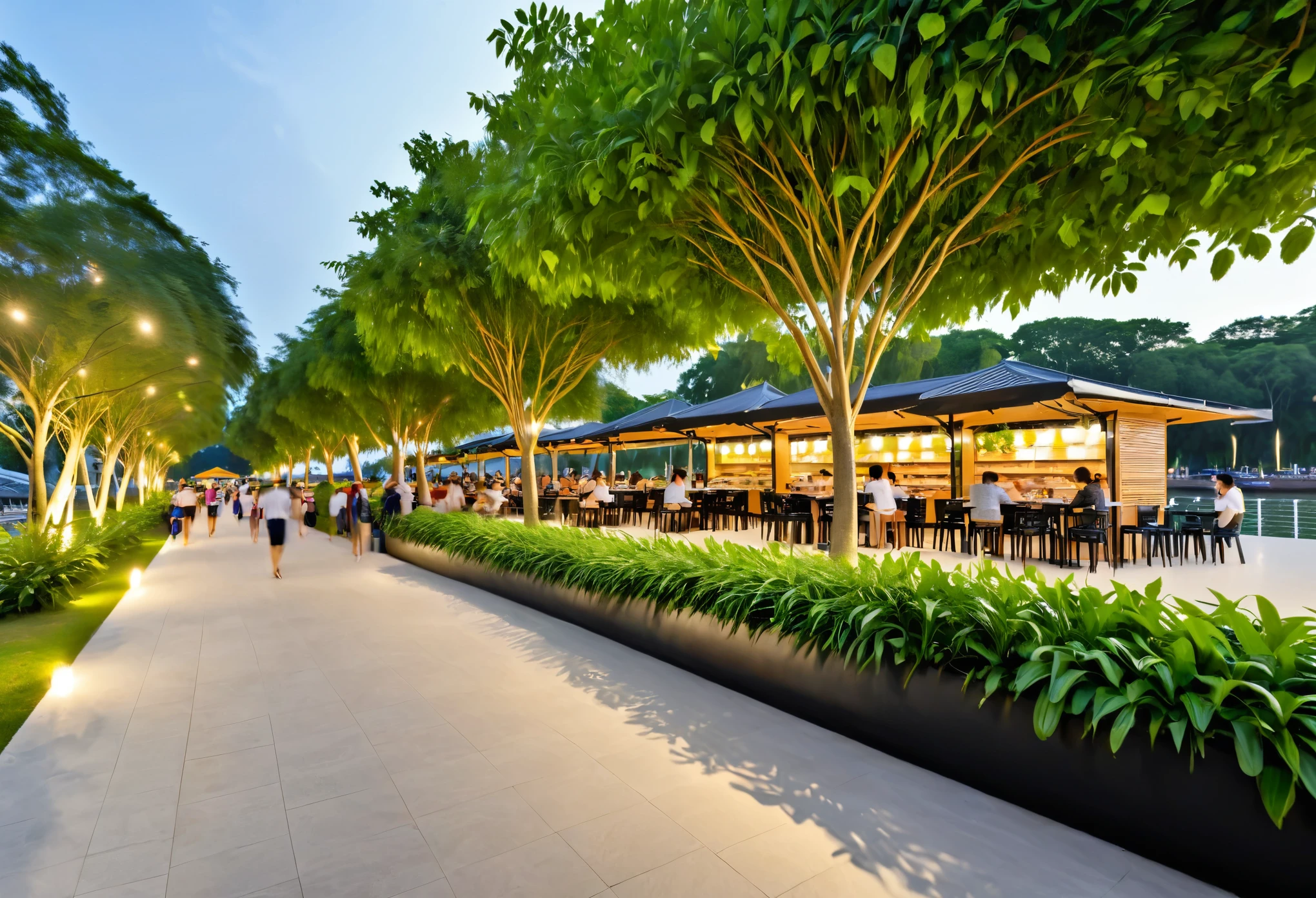 A night architectural photo from the outside of 'Street Food Sai Gon' a park area next to the HCMC river, a wide and airy walkway combined with an outdoor dining area, the back shows 1 t-storey kiosks with tropical structures combined with tropical greenery as the facade of the food kiosks with glowing LED signs, Tadao Ando, a large outdoor seating area with round tables, black stools with orange chairs and lush green plants in black pots along the walkway. Overlooking the Saigon river is a spacious outdoor cafe courtyard
