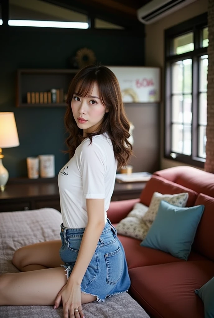 1 girls, 1 old man, lips, light smile, curly hair, looking at viewer, upper body, leaning forward, t-shirt, downblouse, small breasts, perky breasts, denim shorts, nsfw, 1 girl, 1 old man, standing out full body, show butt