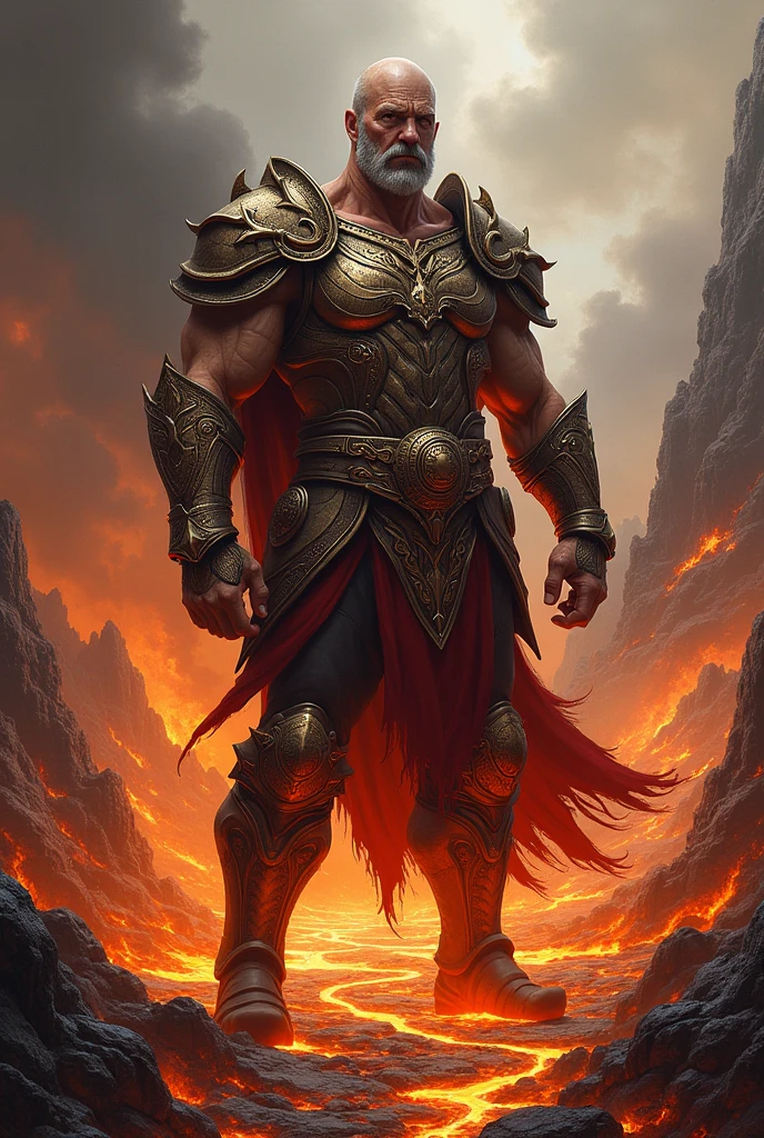 God of War, golden hair, gold eyes, Brutal Armor, Face like chiseled, in the middle of a battlefield, Antiquity, Anime Style