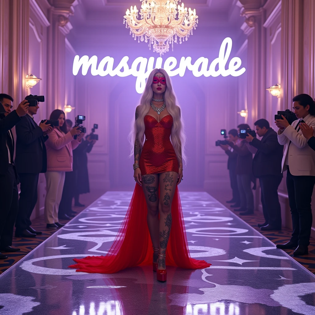 men with cameras, woman with long pink hair, flowing hair, black and pink clothes, woman posing for photos, night, men with cameras around, paparazzi, paparazzi, paparazzi, photographers, media, famous, fame, red carpet, 4k, uhq, hq