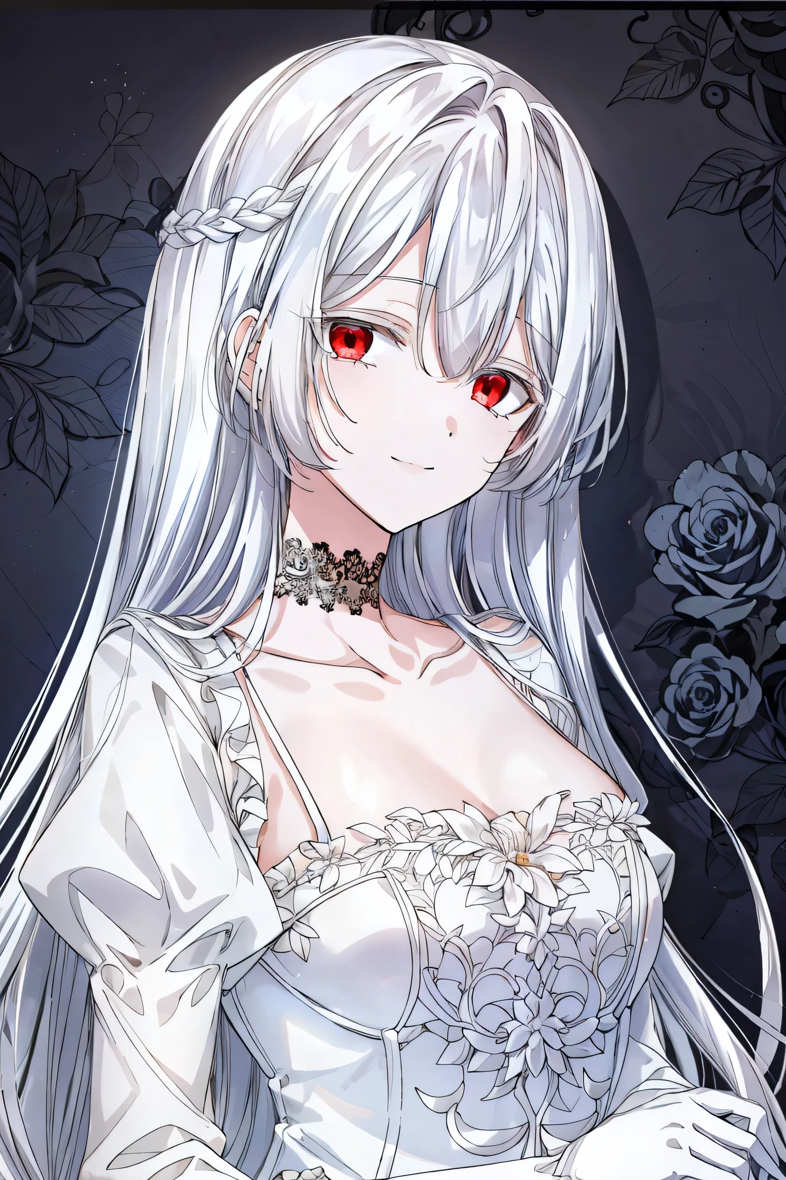 shoujo-style, jk style, (floral background), romance manhwa, (1 girl), (aligned), dominant smile, full body dress, white hair, solo, very long hair, dress, wedding dress, white dress, gloves, long sleeves, choker, red eyes, mascara, makeup, black flower, wavy hair, looking at viewer, white background, collarbone, puffy sleeves, silver accessories, upper body, parted bangs, blue dress, frills, bangs, closed mouth, detailed eyes, (close up)