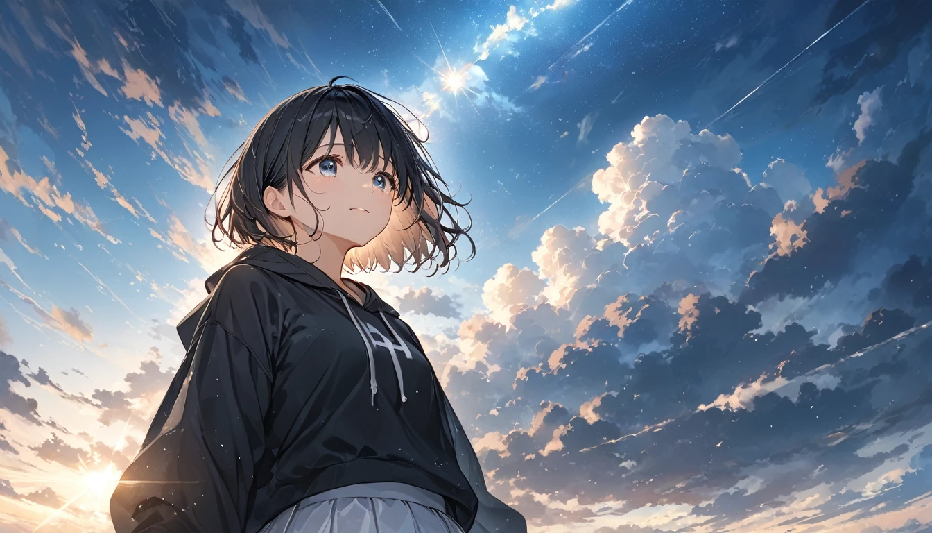 anime、((Amazingly absurd)),(masterpiece:1.2),超High resolution, Attention to detail, high quality, High resolution, 最high quality, 4K, 8k、Crying girl、Look up at the sky、Girl with one hand pointing to the sky、Dark sky with thick clouds、after a heavy rain、Sunshine shining through dark clouds、Hope is the theme、Composition looking up from below、short hair、Black Hair、Black hoodie、White Skirt