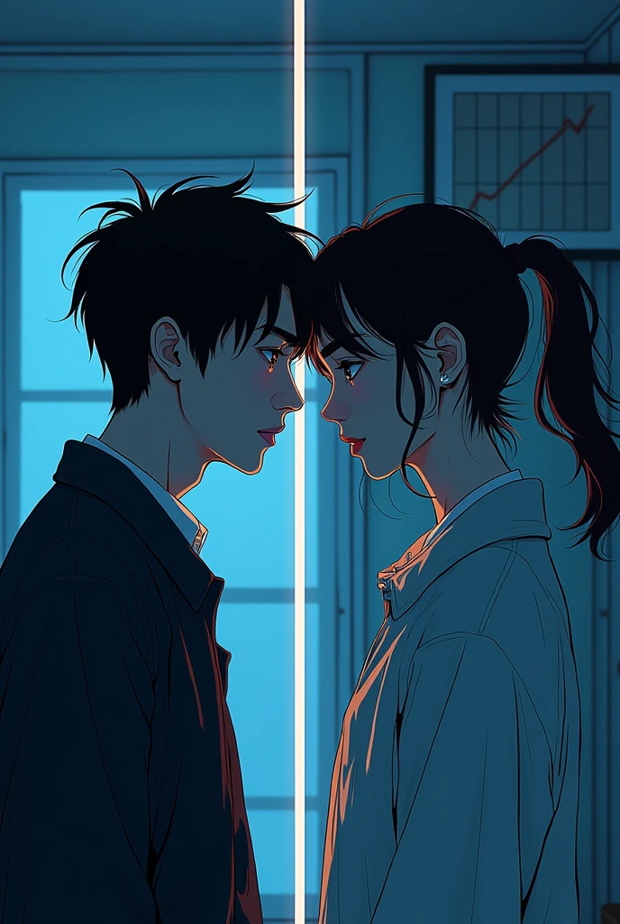 Generate an anime-style digital artwork featuring a melancholic young couple standing face-to-face in a moody, urban night setting. The female character, who is shorter than her male partner, has long, black or brown hair cascading down her back. She has tired expression, reflecting deep emotional weariness. A cigarette dangles from her lips, with wisps of smoke curling around her face, adding to the mysterious atmosphere. She wears a black top partially covered by a light jacket. The male character, standing directly in front of her, has short, black or brown hair that’s slightly tousled, with a rugged yet handsome appearance. His expression is calm but carries a hint of sadness, mirroring the emotional depth of his partner. He wears a simple dark shirt and jacket. Both characters are facing each other, slightly angled away from the camera, with their eyes locked onto each other, conveying a deep, intimate connection. The angle suggests that the viewer is observing a private, intense moment between them, where their bond is clear yet unspoken. The background is a dimly lit alleyway or an urban street at night, bathed in the faint glow of distant streetlights or neon signs. Deep shadows cast by the sparse lighting enhance the mood, creating a sense of solitude, introspection, and quiet defiance. The overall atmosphere should convey the feeling of two souls bound by shared experiences, standing together against a backdrop of a cold, indifferent cityscape. The color palette should be cool, dominated by blues, purples, and dark tones, with occasional warm highlights from the streetlights or cigarette embers. Ensure both characters are the focus, with the setting complementing their emotional state, creating a harmonious yet haunting scene that captures the essence of their bond and the loneliness of the urban night