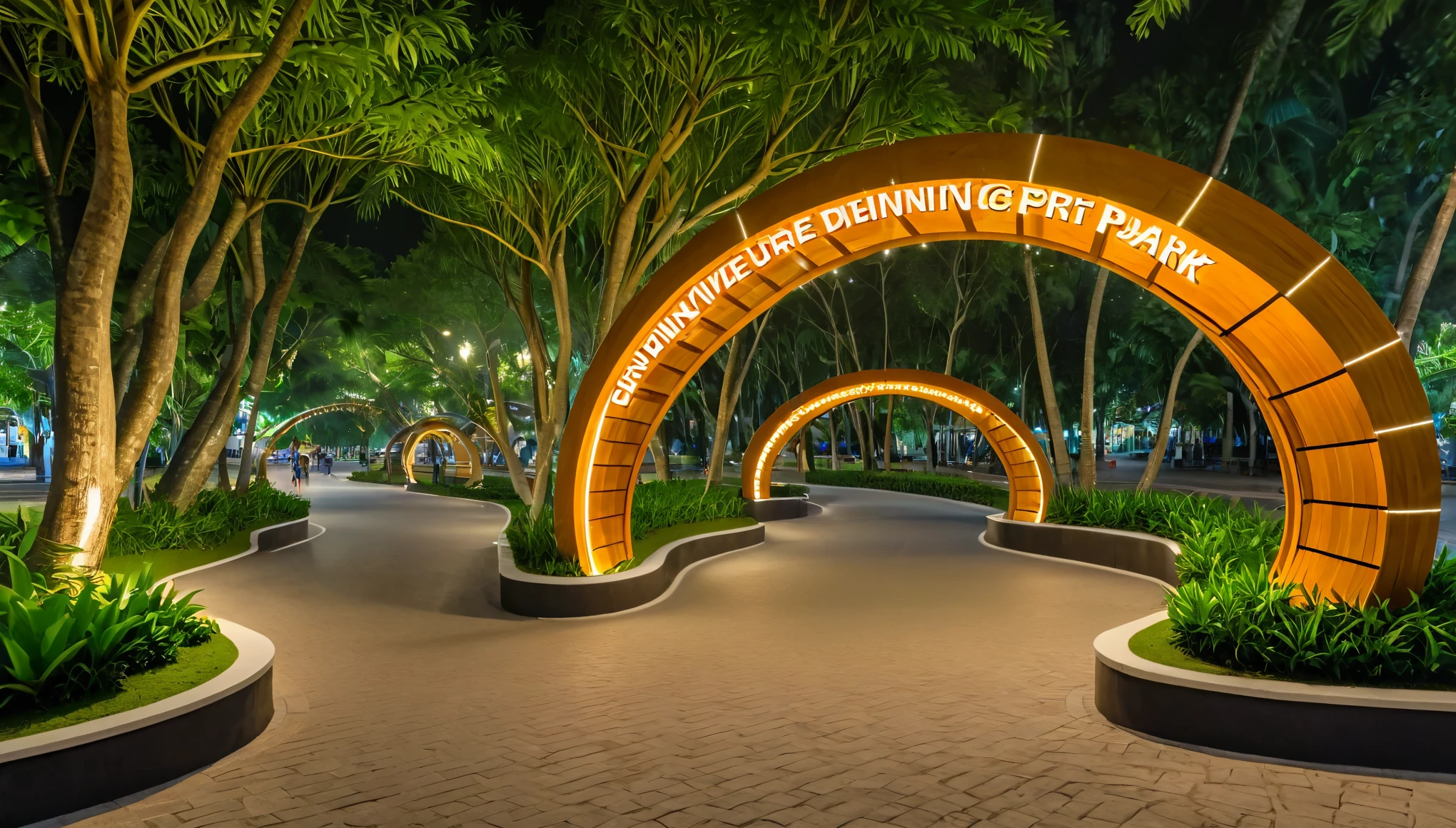 Entrance gate to the dining area combined with Saigon riverside park combined food street, low prefabricated buildings with extremely impressive and unique architecture, tropical style idea, tropical trees, wood structure combined with LED lights, asymmetrical rounded lines, decorative twisted orange LED lights, cinematic, night time, modern, the words "SAI GON Street food", 8k, UHD, high definitive, high detailed
