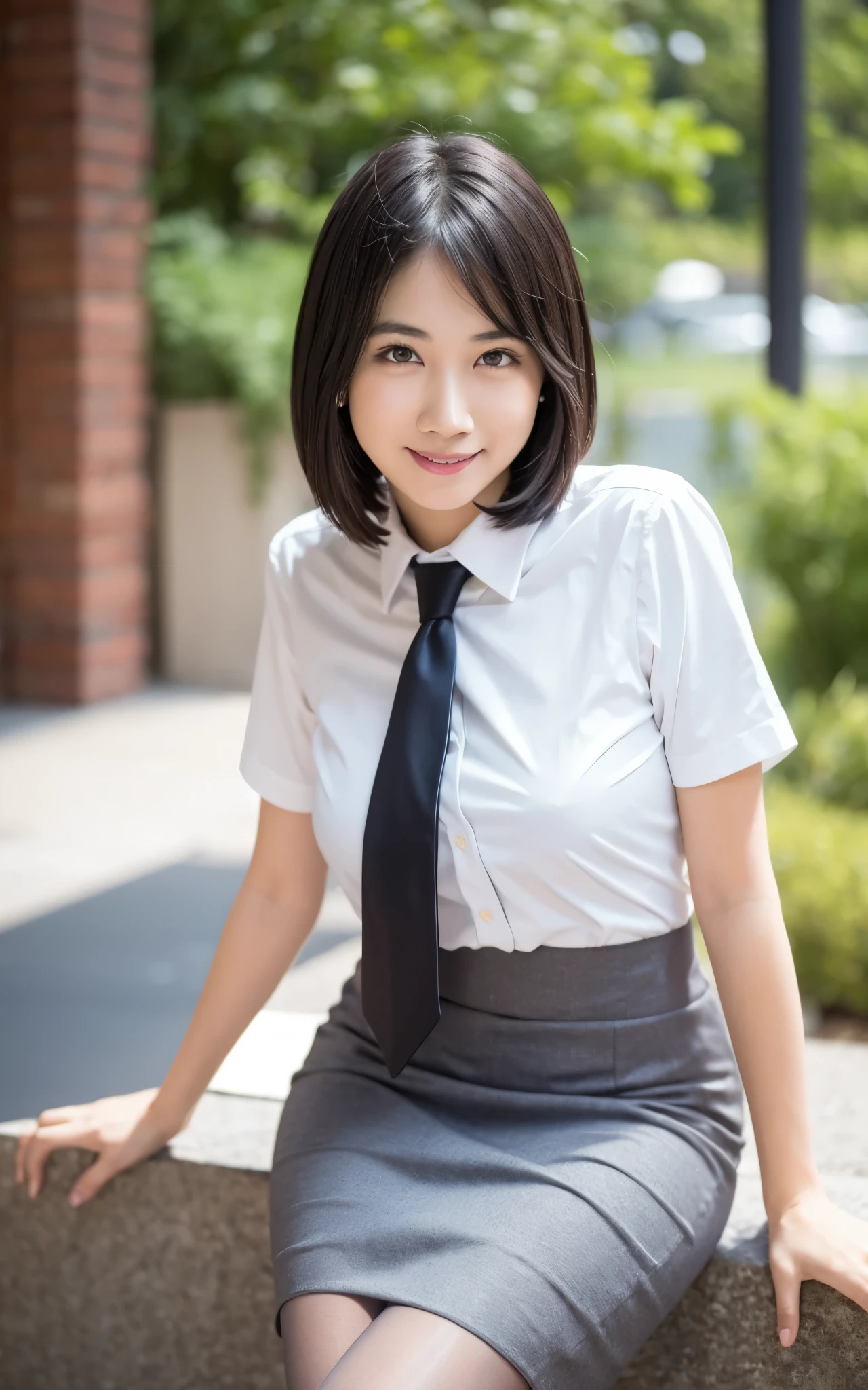 girl, Hyper Realistic, masterpiece, smile, portrait, bobhair, light gray pencil skirt suit, white shirt, red necktie, pantyhose