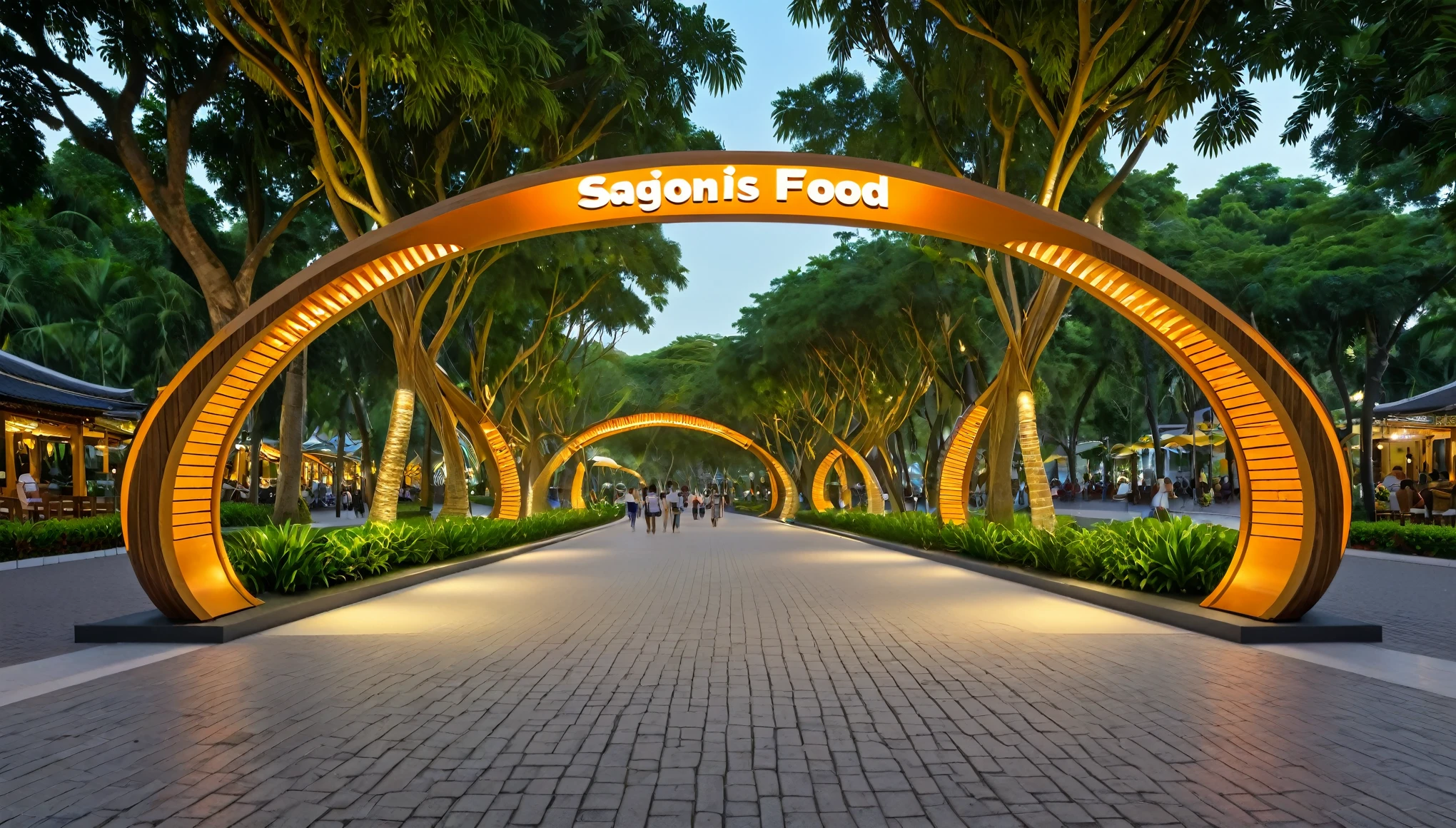 Entrance gate to the dining area combined with Saigon riverside park combined food street, low prefabricated buildings with extremely impressive and unique architecture, tropical style idea, tropical trees, wood structure combined with LED lights, asymmetrical rounded lines, decorative twisted orange LED lights, cinematic, night time, modern, the words "SAI GON Street food", 8k, UHD, high definitive, high detailed
