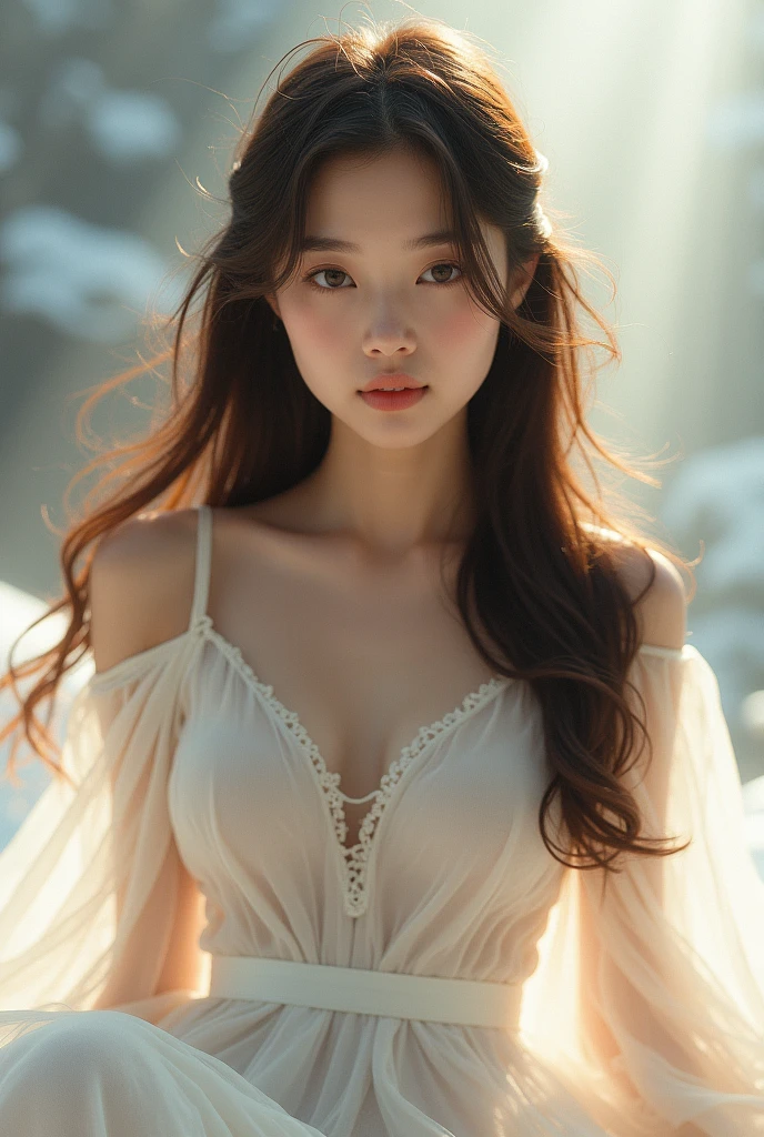 masterpiece, best quality, unity 8k wallpaper, ultra highres, high resolution, professional, ultra realistic, photorealistic, raw photo, insanely detailed, 4K, 8K, 16K, 64K, 1girl, solo, NSFW, nude, topless, perfect small breast, perfect nipple, smile, elegant, beautiful, aesthetic, attractive, romanticism, beauty, like a k-pop idol, beautiful detailed face, small face, beautiful detailed eyes, (brown eyes), cat eyes, pale skin, beautiful detailed skin, detailed texture, sheer-black long hair, (hair blowing in the wind), ((detailed long hair)), soft curves, enchanting elegance, luminous radiance, elegant attire, captivating grace, irresistibly tempting, understated appeal, striking juxtapositions, evocative hues, vivid illumination, creative refinement, striking juxtapositions, evocative hues, captivating coloration, dramatic lighting, random highly detailed backgrounds, depth of field,